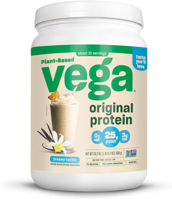 61f1vXzpNiL._AC_SL1500_ Vega Original Essential Protein - 25g Plant-Based Protein, Creamy Vanilla, 20 Servings, Vegan Non-GMO Drink Mix, Smoothie & Shake Ready, Gluten Free, Dairy Free, 32.5oz (Packaging May Vary)