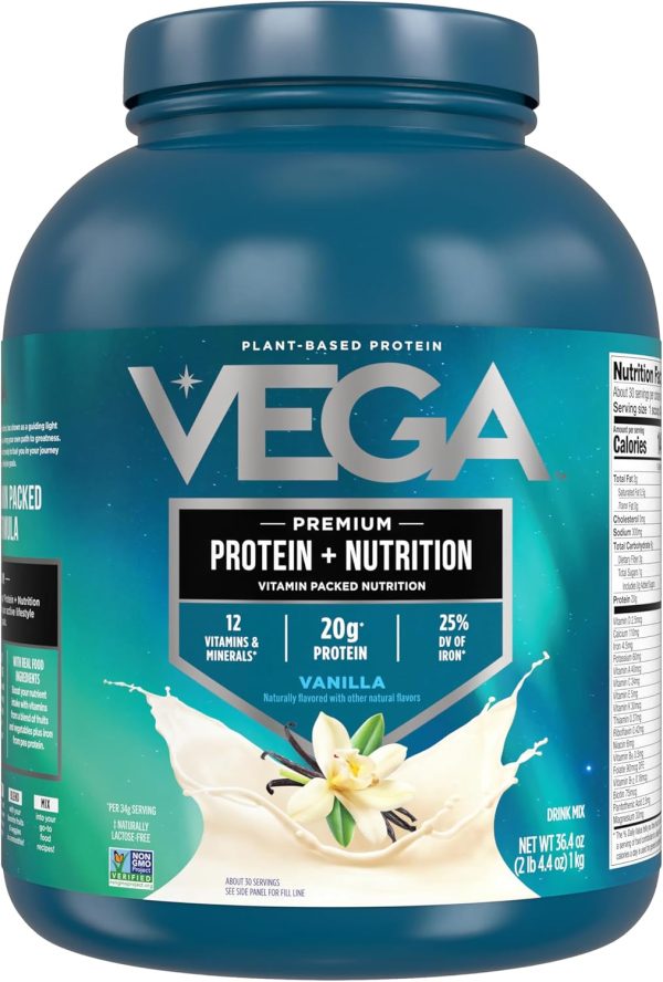 711tskmm-pL._AC_SL1500_ Vega Original Essential Protein - 25g Plant-Based Protein, Creamy Vanilla, 20 Servings, Vegan Non-GMO Drink Mix, Smoothie & Shake Ready, Gluten Free, Dairy Free, 32.5oz (Packaging May Vary)