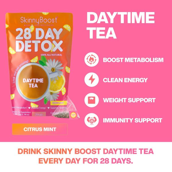 Skinny Boost Detox Tea Kit- 2 PACK –1 Daytime (28 Bags) + 1 Evening -(14 Bags) – Herbal Detox for Weight, Metabolism, Energy, Bloating & Colon Cleanse – Green Tea, Vegan, Keto, Non-GMO, Sugar-Free