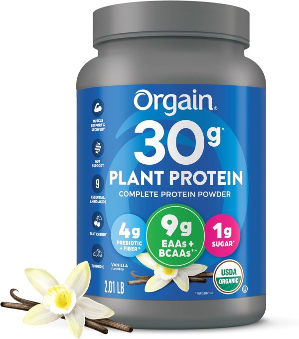 Orgain Organic 30g Vegan Protein Powder, Vanilla, 9g EAAs + BCAAs, Plant Protein, 4g Prebiotic + Fiber, 1g Sugar, Pre-Workout, Muscle Support Recovery - 2.01lb