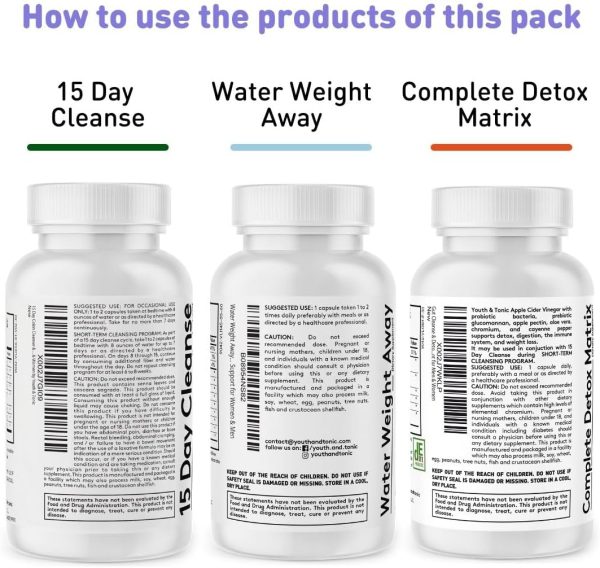 3pk Detox Cleanse Kick Off Weight Management | Colon Cleanser + Water Loss Pills w Dandelion + ACV Full Body Detox + Probiotics | for Flat Stomach, Waistline, Metabolism, Bloating – 90 Pills