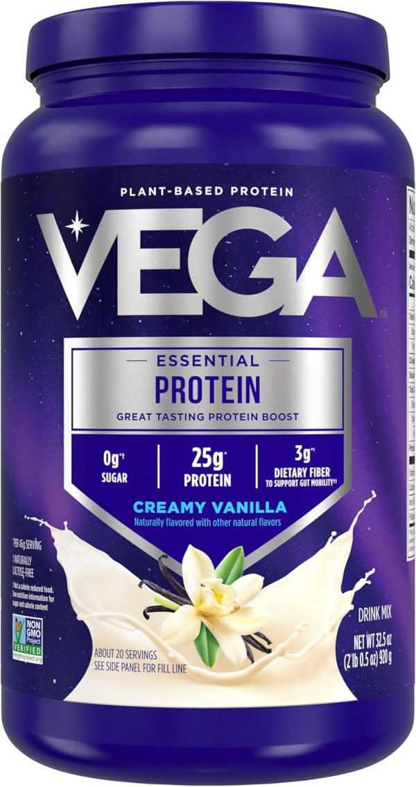 71ndzE0i4kL._AC_SL1500_ Vega Original Essential Protein - 25g Plant-Based Protein, Creamy Vanilla, 20 Servings, Vegan Non-GMO Drink Mix, Smoothie & Shake Ready, Gluten Free, Dairy Free, 32.5oz (Packaging May Vary)
