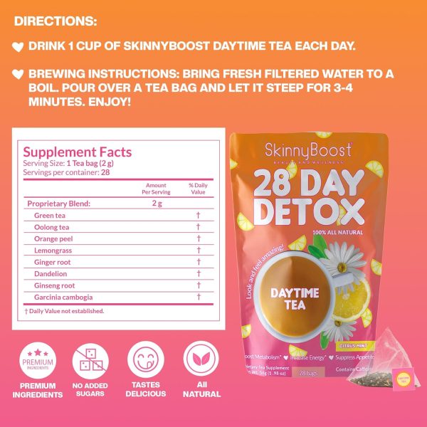 Skinny Boost Detox Tea Kit- 2 PACK –1 Daytime (28 Bags) + 1 Evening -(14 Bags) – Herbal Detox for Weight, Metabolism, Energy, Bloating & Colon Cleanse – Green Tea, Vegan, Keto, Non-GMO, Sugar-Free