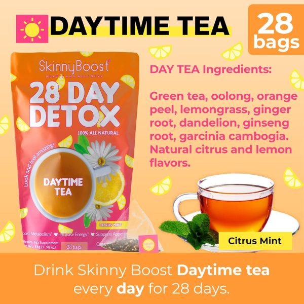 Skinny Boost Detox Tea Kit- 2 PACK –1 Daytime (28 Bags) + 1 Evening -(14 Bags) – Herbal Detox for Weight, Metabolism, Energy, Bloating & Colon Cleanse – Green Tea, Vegan, Keto, Non-GMO, Sugar-Free