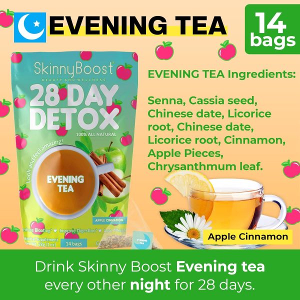 Skinny Boost Detox Tea Kit- 2 PACK –1 Daytime (28 Bags) + 1 Evening -(14 Bags) – Herbal Detox for Weight, Metabolism, Energy, Bloating & Colon Cleanse – Green Tea, Vegan, Keto, Non-GMO, Sugar-Free