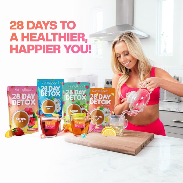 Skinny Boost Detox Tea Kit- 2 PACK –1 Daytime (28 Bags) + 1 Evening -(14 Bags) – Herbal Detox for Weight, Metabolism, Energy, Bloating & Colon Cleanse – Green Tea, Vegan, Keto, Non-GMO, Sugar-Free