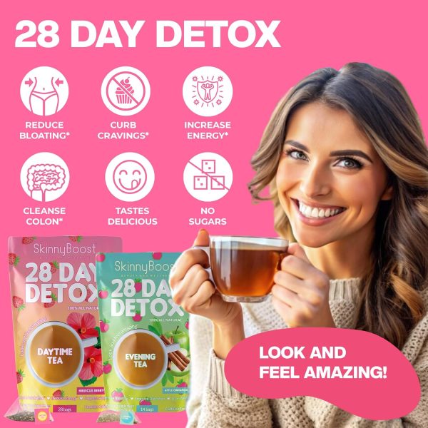 Skinny Boost Detox Tea Kit- 2 PACK –1 Daytime (28 Bags) + 1 Evening -(14 Bags) – Herbal Detox for Weight, Metabolism, Energy, Bloating & Colon Cleanse – Green Tea, Vegan, Keto, Non-GMO, Sugar-Free
