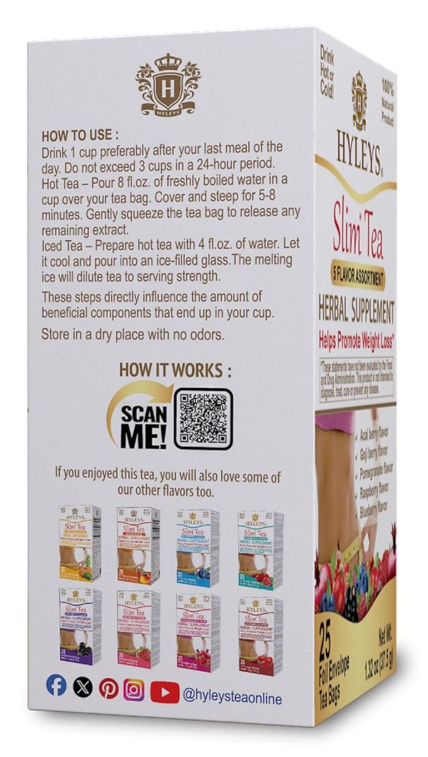 Hyleys Slim Tea 5 Flavor Assortment - Weight Loss Herbal Supplement Cleanse and Detox - 25 Tea Bags (1 Pack)