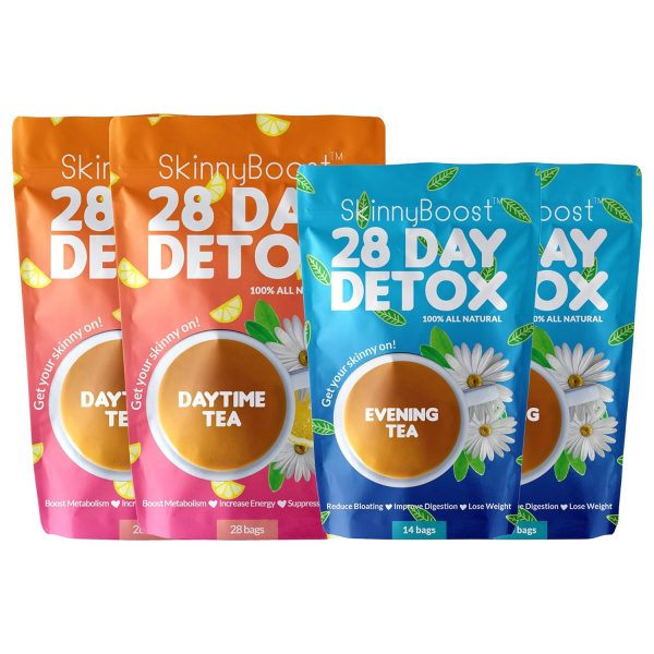 Skinny Boost Detox Tea Kit- 2 PACK –1 Daytime (28 Bags) + 1 Evening -(14 Bags) – Herbal Detox for Weight, Metabolism, Energy, Bloating & Colon Cleanse – Green Tea, Vegan, Keto, Non-GMO, Sugar-Free