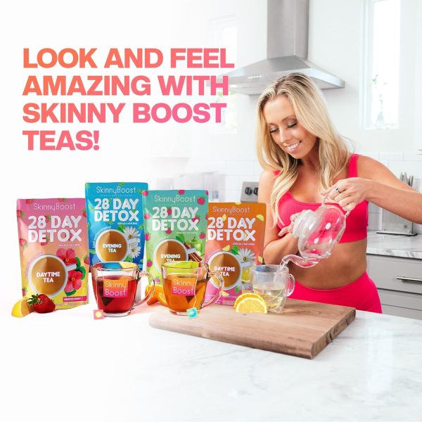 Skinny Boost Detox Tea Kit- 2 PACK –1 Daytime (28 Bags) + 1 Evening -(14 Bags) – Herbal Detox for Weight, Metabolism, Energy, Bloating & Colon Cleanse – Green Tea, Vegan, Keto, Non-GMO, Sugar-Free