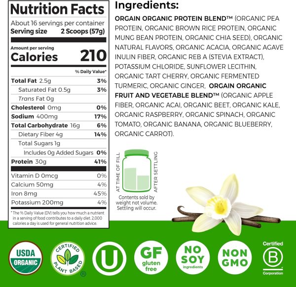 Orgain Organic 30g Vegan Protein Powder, Vanilla, 9g EAAs + BCAAs, Plant Protein, 4g Prebiotic + Fiber, 1g Sugar, Pre-Workout, Muscle Support Recovery - 2.01lb