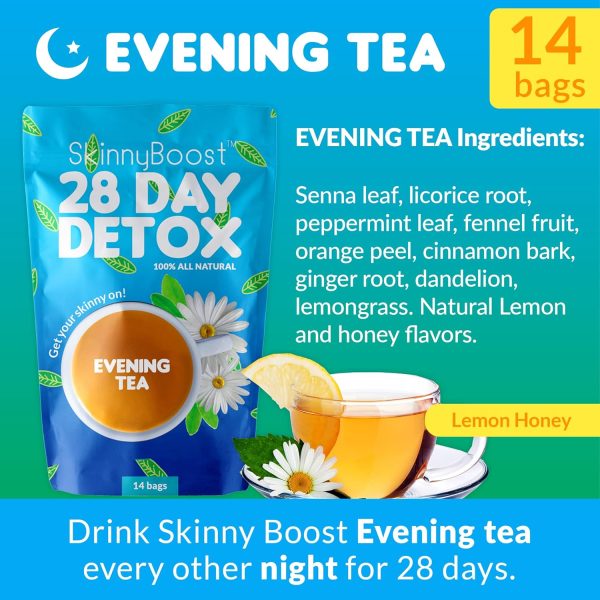 Skinny Boost Detox Tea Kit- 2 PACK –1 Daytime (28 Bags) + 1 Evening -(14 Bags) – Herbal Detox for Weight, Metabolism, Energy, Bloating & Colon Cleanse – Green Tea, Vegan, Keto, Non-GMO, Sugar-Free