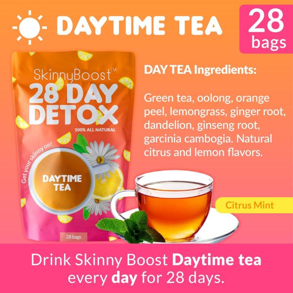 Skinny Boost Detox Tea Kit- 2 PACK –1 Daytime (28 Bags) + 1 Evening -(14 Bags) – Herbal Detox for Weight, Metabolism, Energy, Bloating & Colon Cleanse – Green Tea, Vegan, Keto, Non-GMO, Sugar-Free