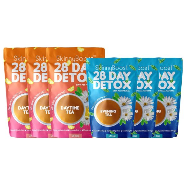 Skinny Boost Detox Tea Kit- 2 PACK –1 Daytime (28 Bags) + 1 Evening -(14 Bags) – Herbal Detox for Weight, Metabolism, Energy, Bloating & Colon Cleanse – Green Tea, Vegan, Keto, Non-GMO, Sugar-Free